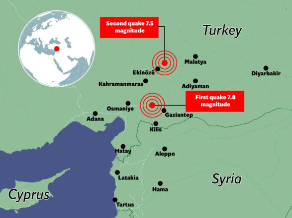 Map of the earthquake in Turkey and Syria